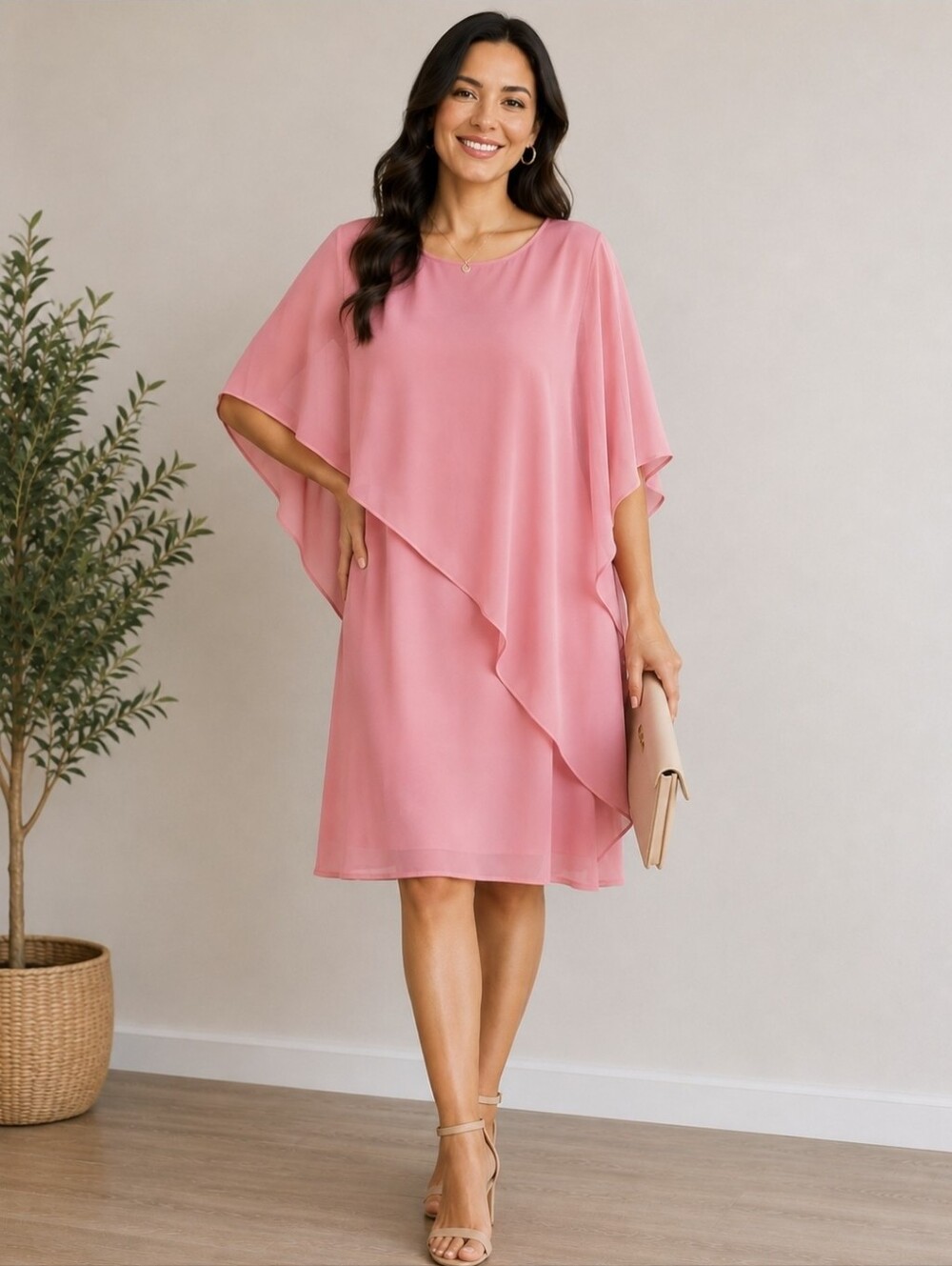 Petal Pink Midi Dress with Draped Overlay